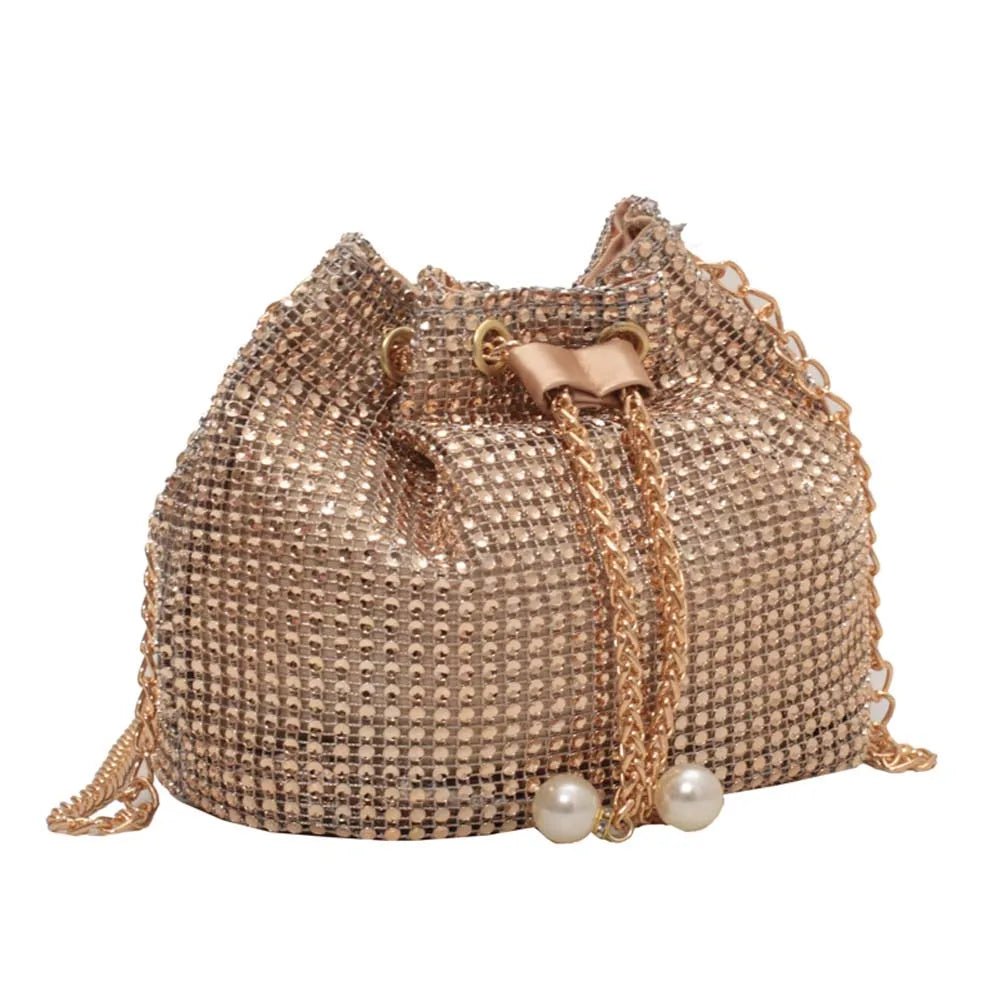 Women Glittering Satchel Bag Solid Color Rhinestone Shinny Sling Purse Drawstring Bling Bucket Bag Female Dating Bag