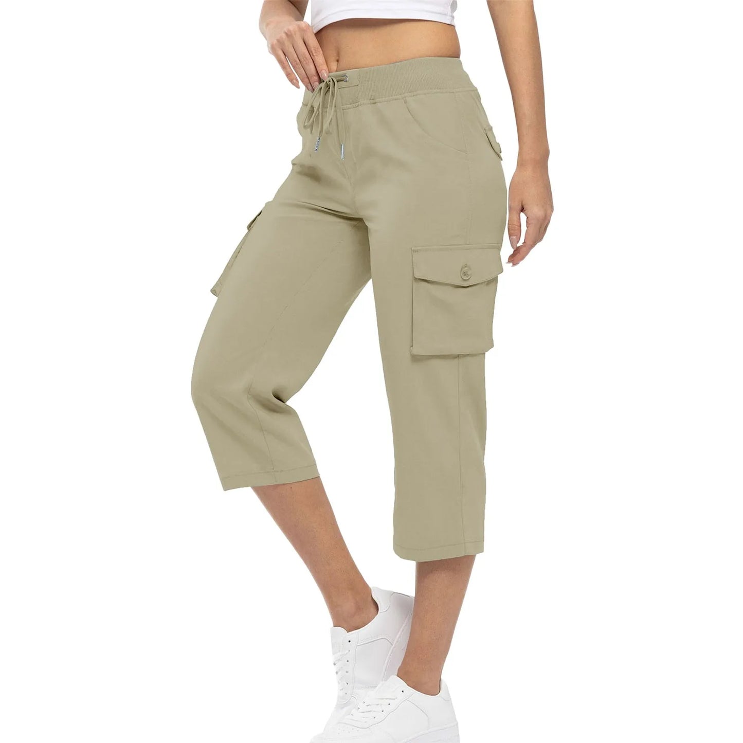 Women Cargo Capris Hiking Pants High Waisted Drawstring