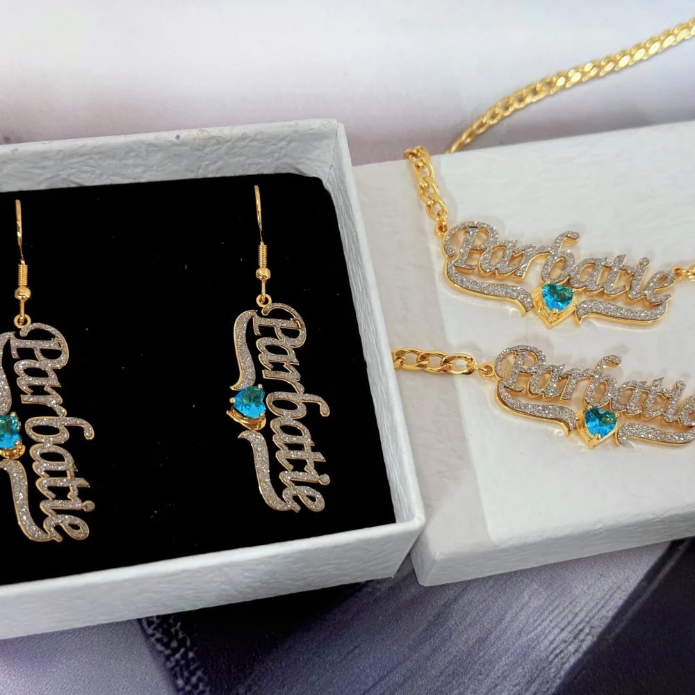 Custom Name Dangle Earrings Nameplate Bracelet Blue Birthstone Necklace Set Jewelry