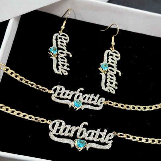 Custom Name Dangle Earrings Nameplate Bracelet Blue Birthstone Necklace Set Jewelry