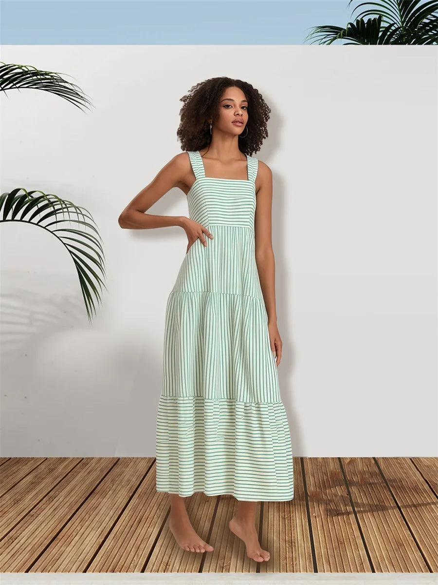 Elegant Floral Print Sleeveless Maxi Dress with Ruffled Hemline for Women