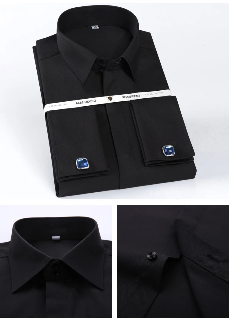 Men's Covered Buttons Placket French Cuffs Dress Shirt