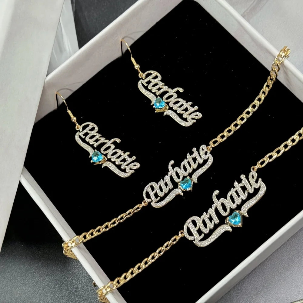 Custom Name Dangle Earrings Nameplate Bracelet Blue Birthstone Necklace Set Jewelry
