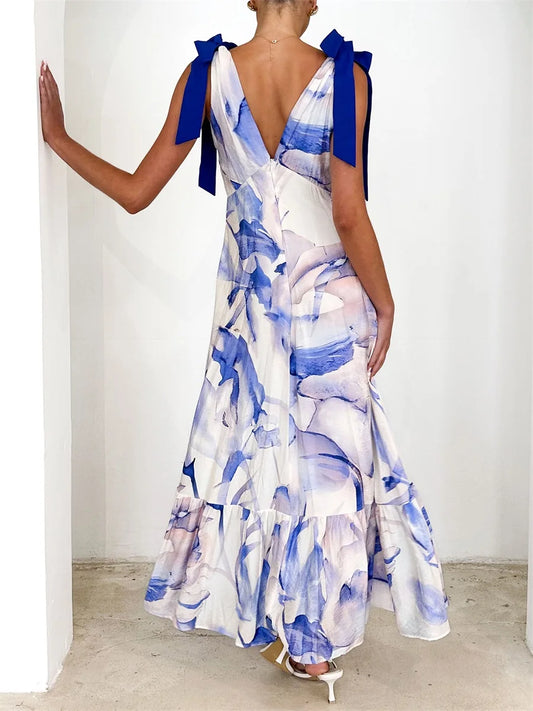 Elegant Floral Print Sleeveless V Neck Maxi Dress with Open Back and Spaghetti Straps