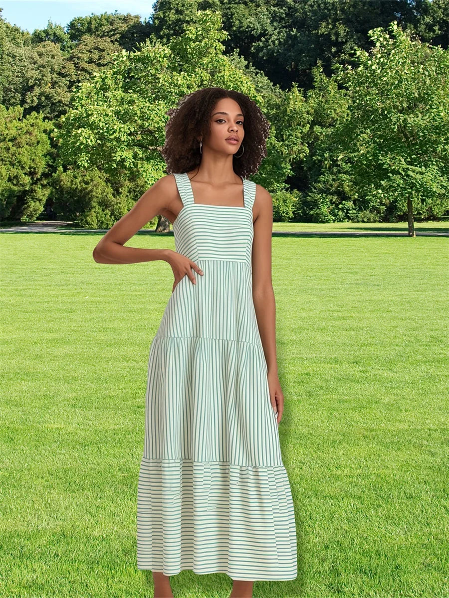 Elegant Floral Print Sleeveless Maxi Dress with Ruffled Hemline for Women