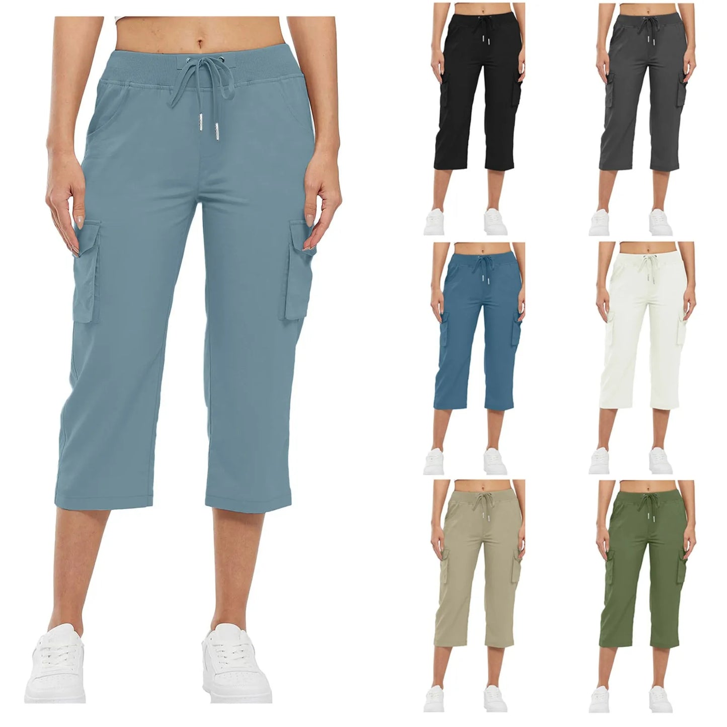 Women Cargo Capris Hiking Pants High Waisted Drawstring
