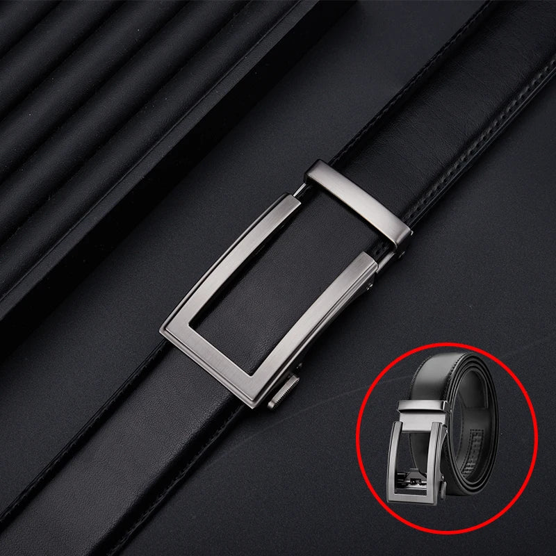 Mens Genuine Leather Belt Automatic Buckle Ratchet Style