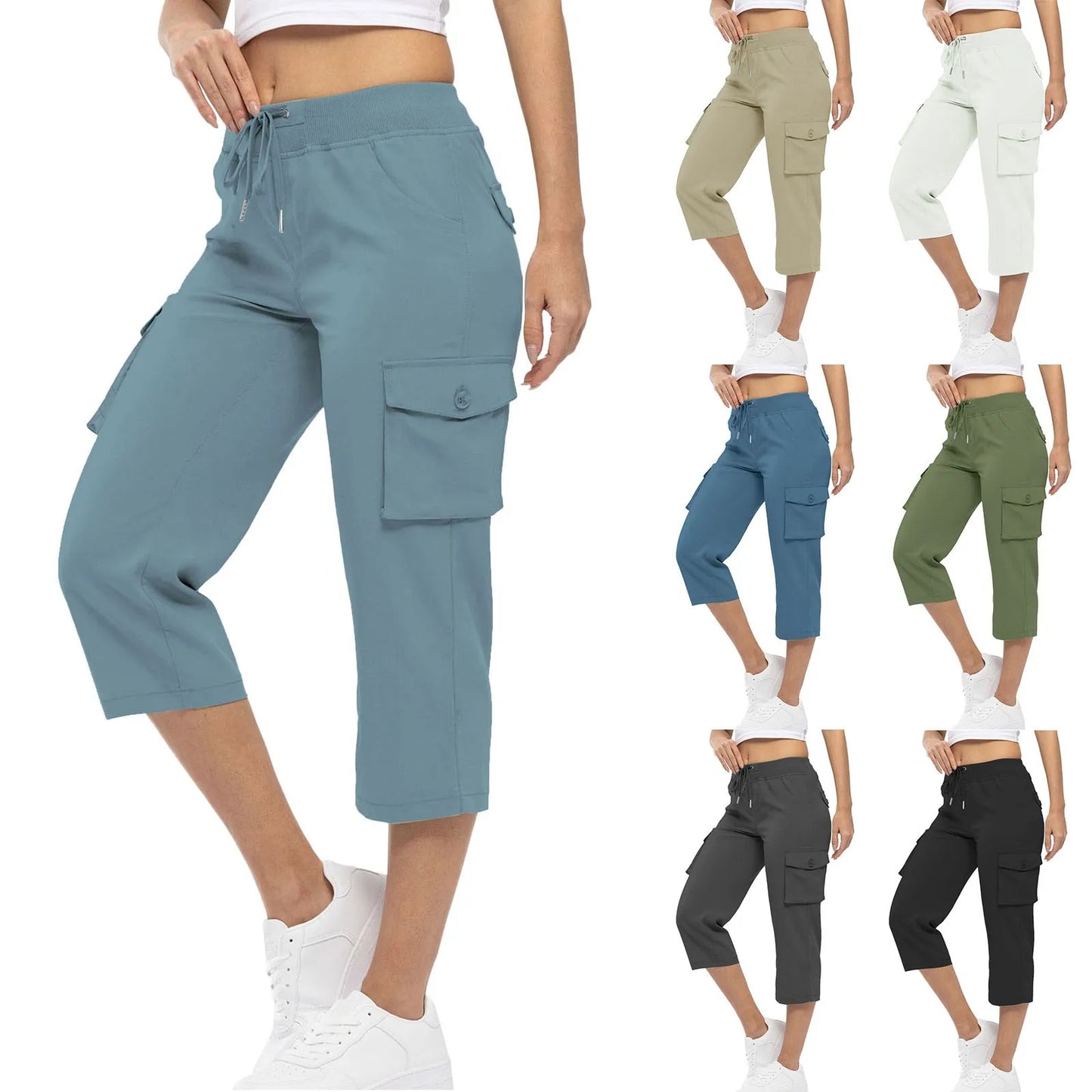 Women Cargo Capris Hiking Pants High Waisted Drawstring
