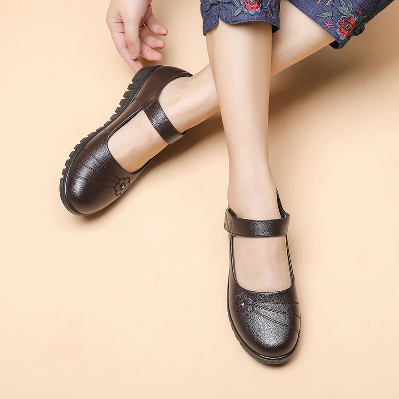 Floral Embroidered Women's Work Flats With Adjustable Strap
