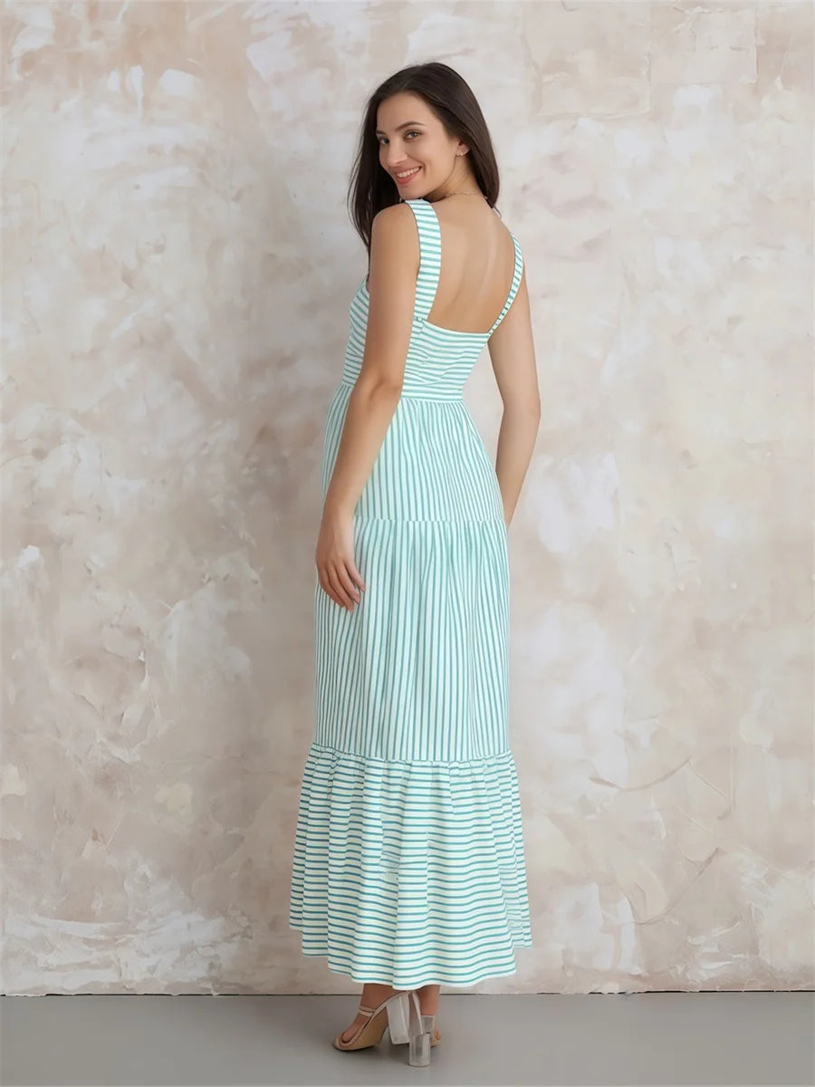 Elegant Floral Print Sleeveless Maxi Dress with Ruffled Hemline for Women