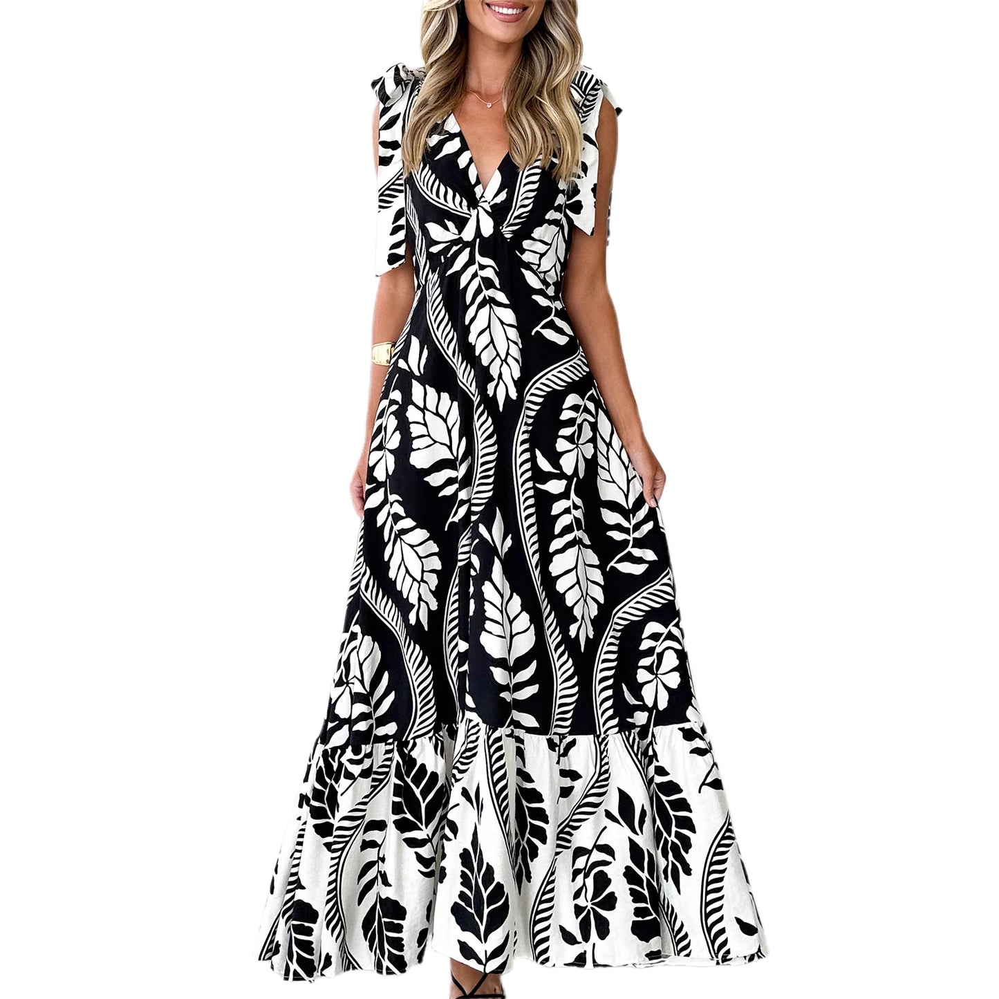 Elegant Floral Print Sleeveless V Neck Maxi Dress with Open Back and Spaghetti Straps