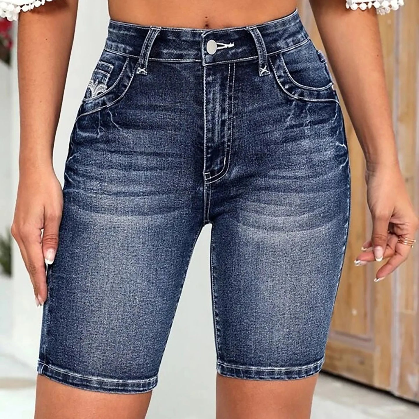 Blue Slim Fit Bermuda Denim Shorts,