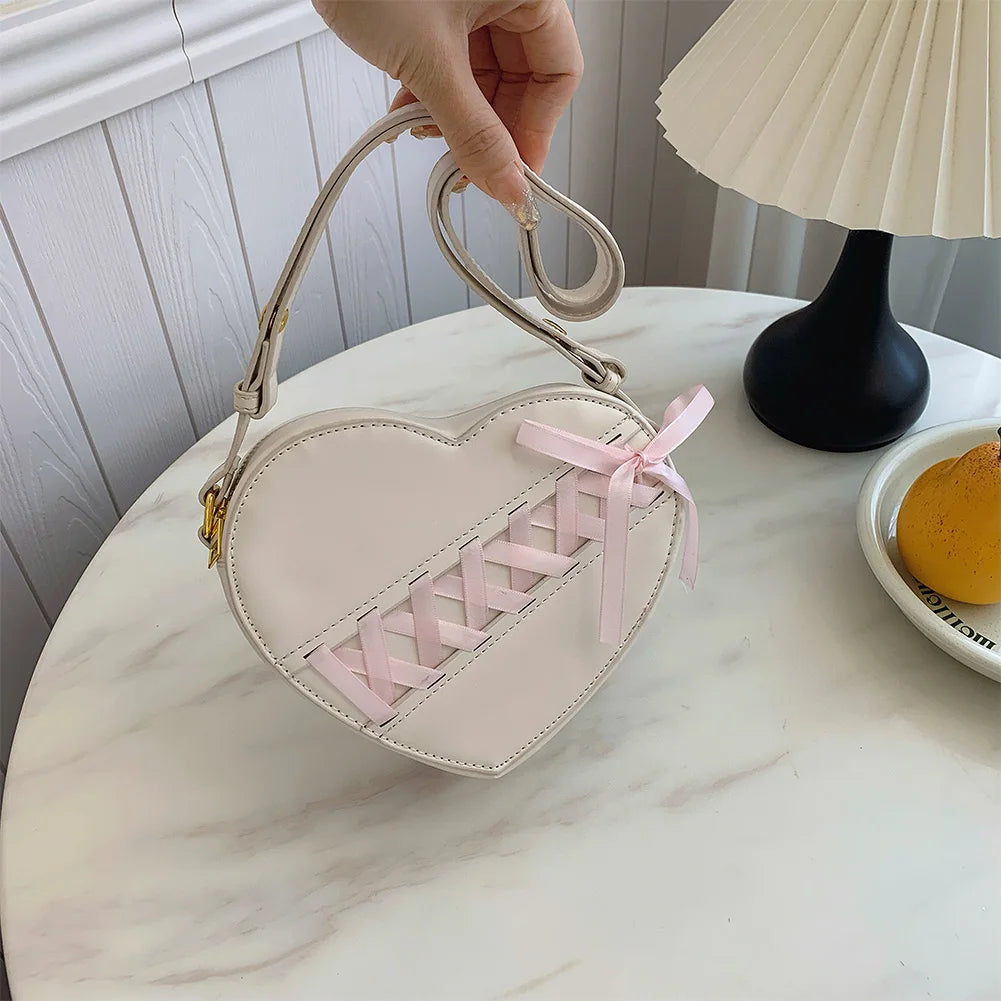 Ribbon Heart Shaped Tote Bag for Women Girls