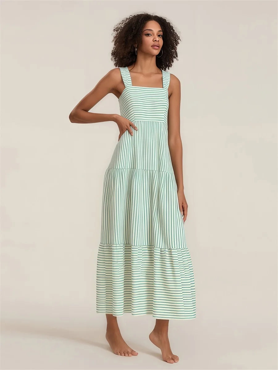 Elegant Floral Print Sleeveless Maxi Dress with Ruffled Hemline for Women