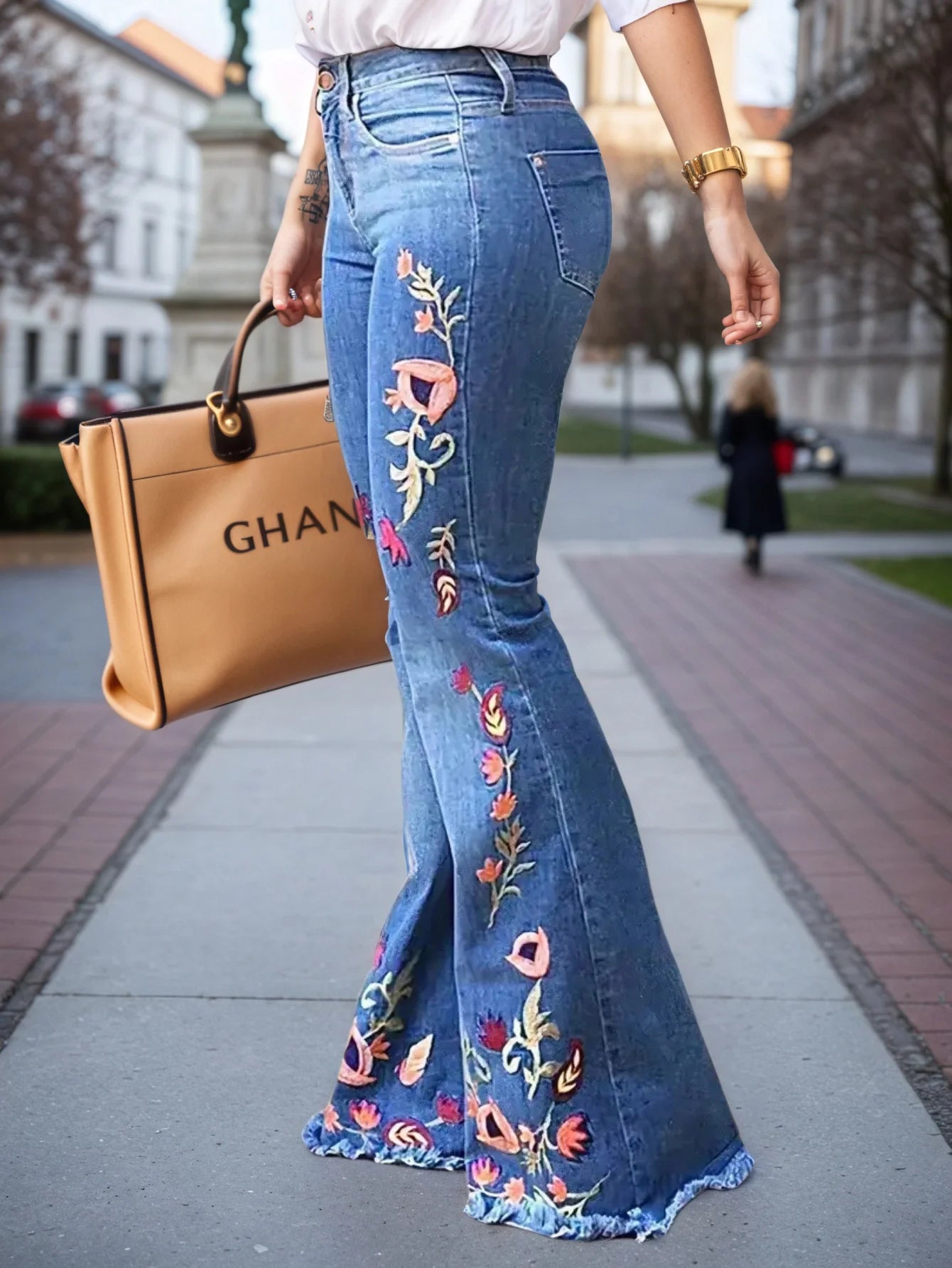 Floral Print High Waist Stretch Denim Flare Slim Fit