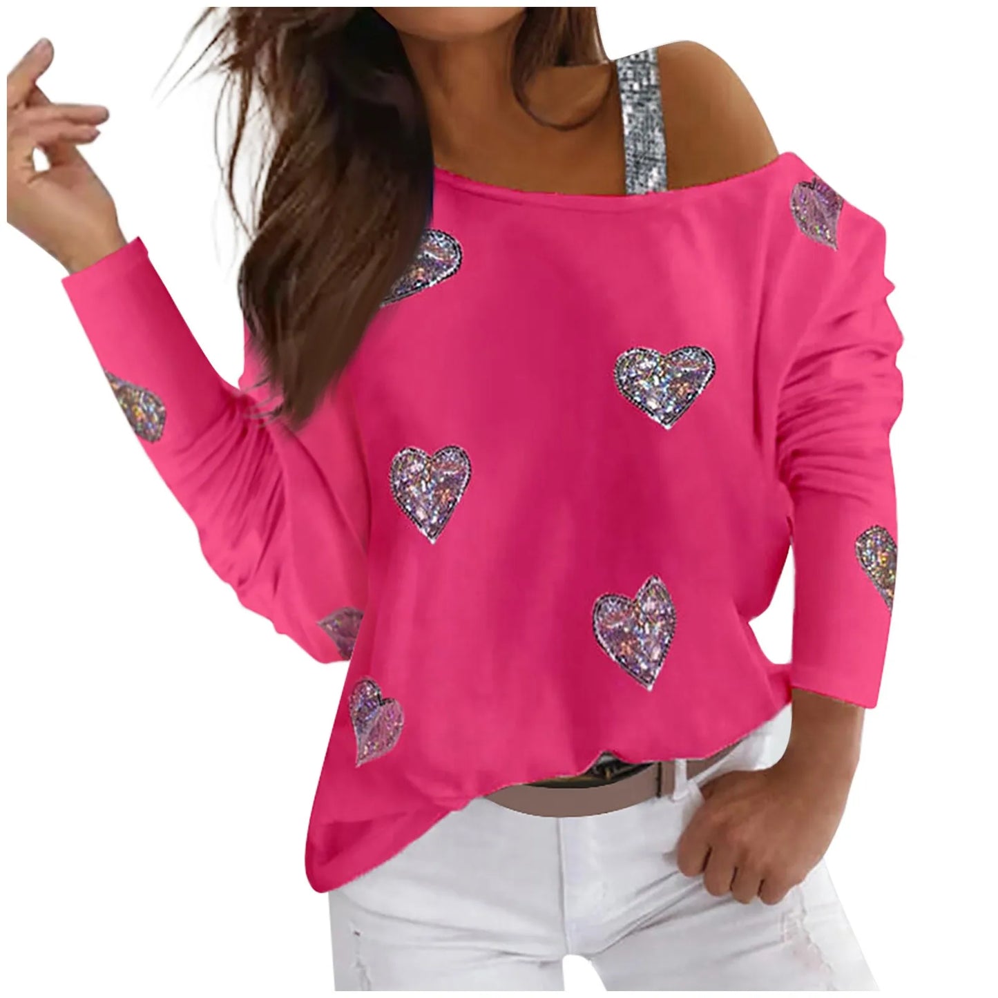 Fashion Heart Print T Shirt Women Spring Long Sleeves