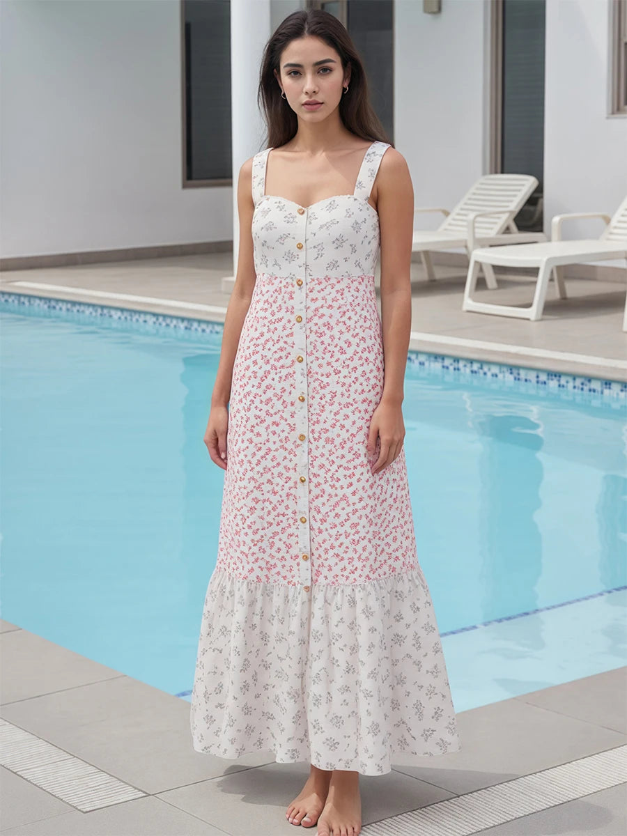 Women V-Neck Maxi Dress Sleeveless Floral Print Summer Dress with Ruffle Hem