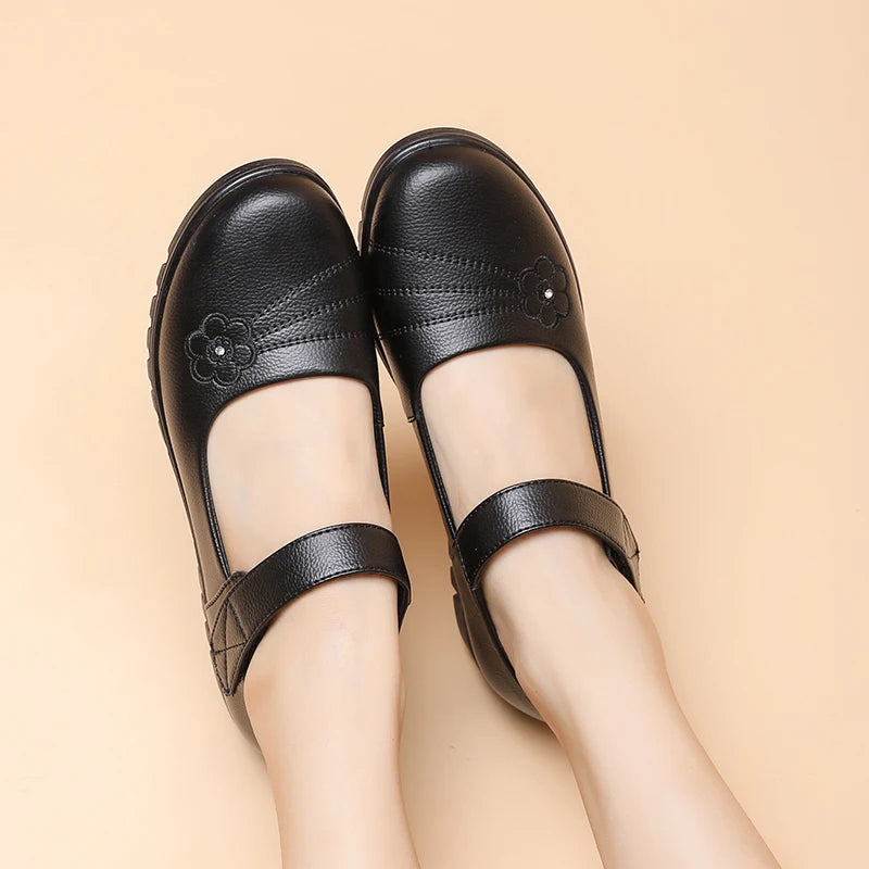 Floral Embroidered Women's Work Flats With Adjustable Strap