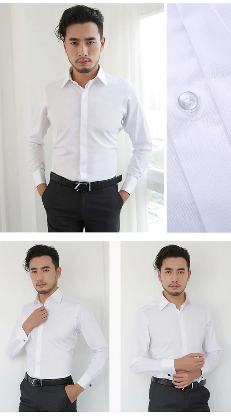 Men's Covered Buttons Placket French Cuffs Dress Shirt