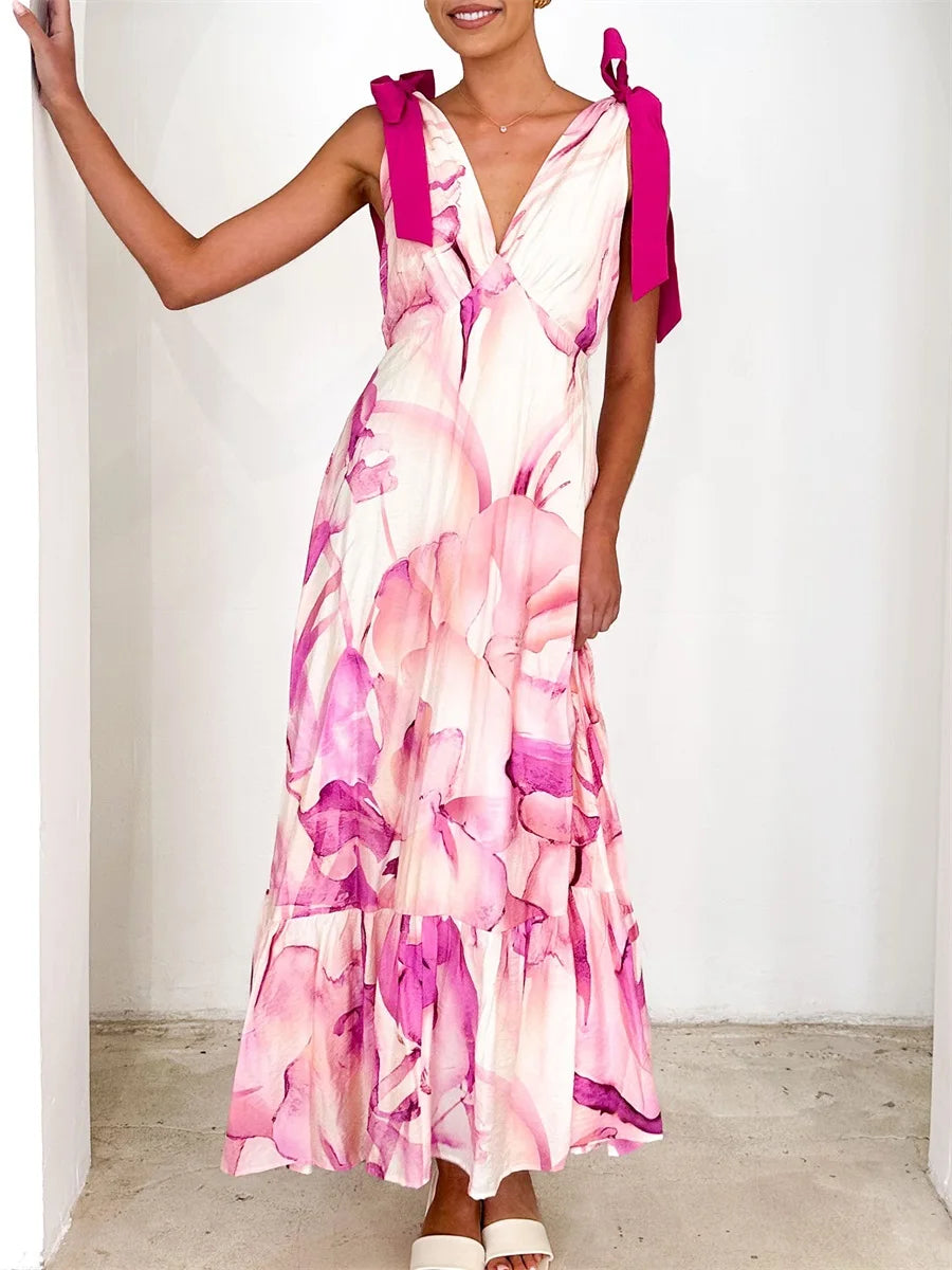Elegant Floral Print Sleeveless V Neck Maxi Dress with Open Back and Spaghetti Straps