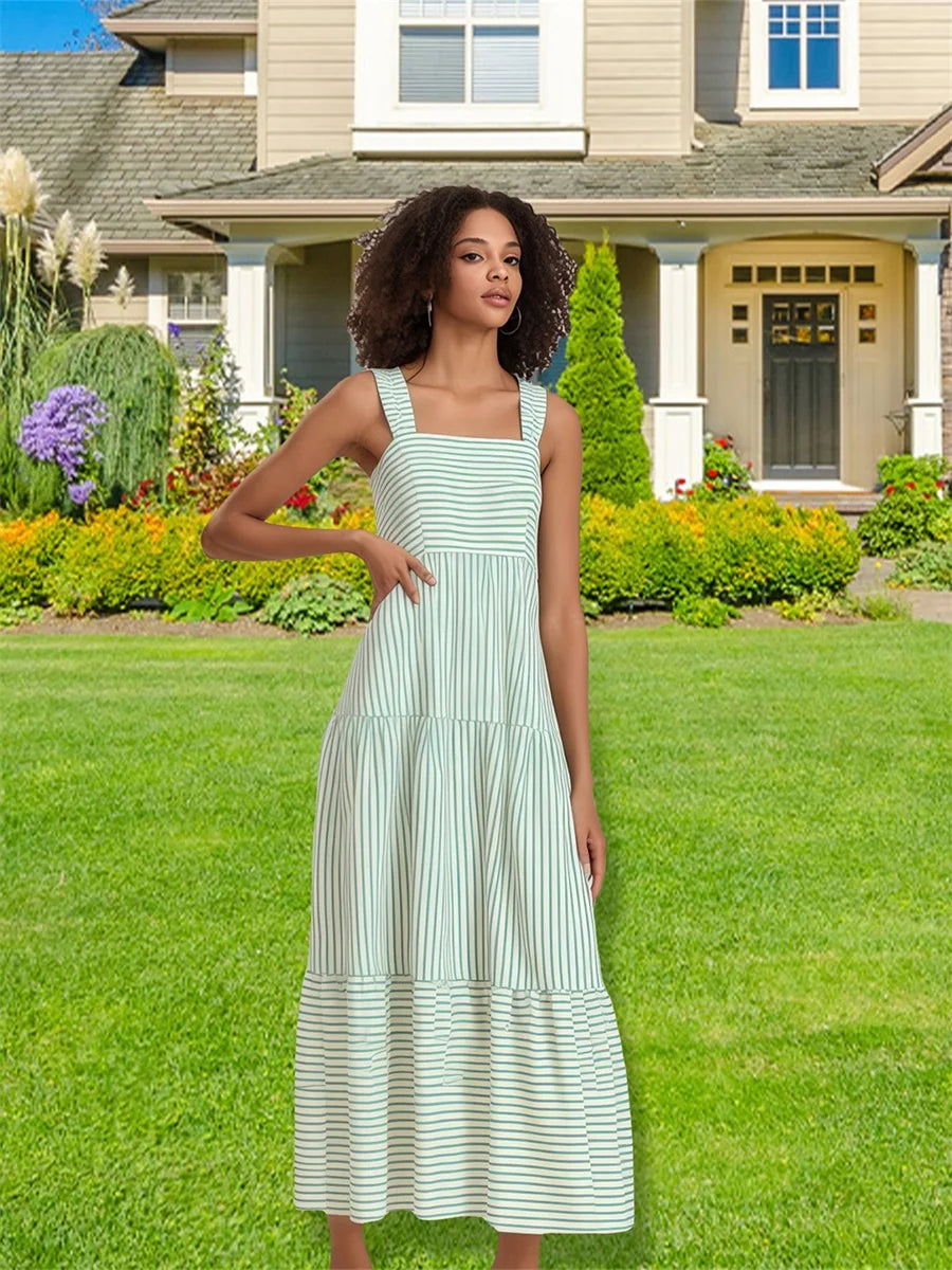 Elegant Floral Print Sleeveless Maxi Dress with Ruffled Hemline for Women
