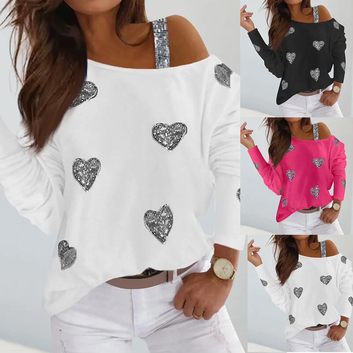 Fashion Heart Print T Shirt Women Spring Long Sleeves