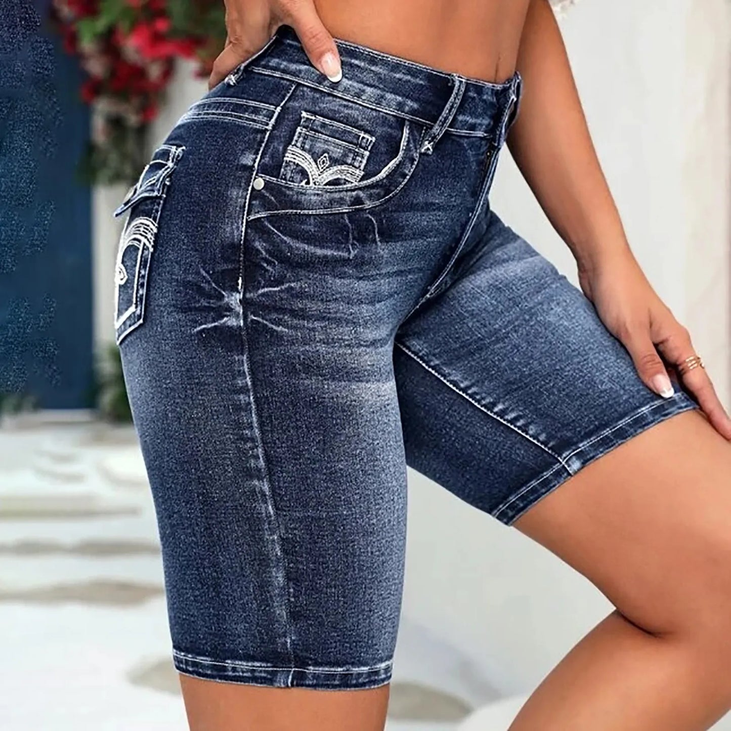 Blue Slim Fit Bermuda Denim Shorts,
