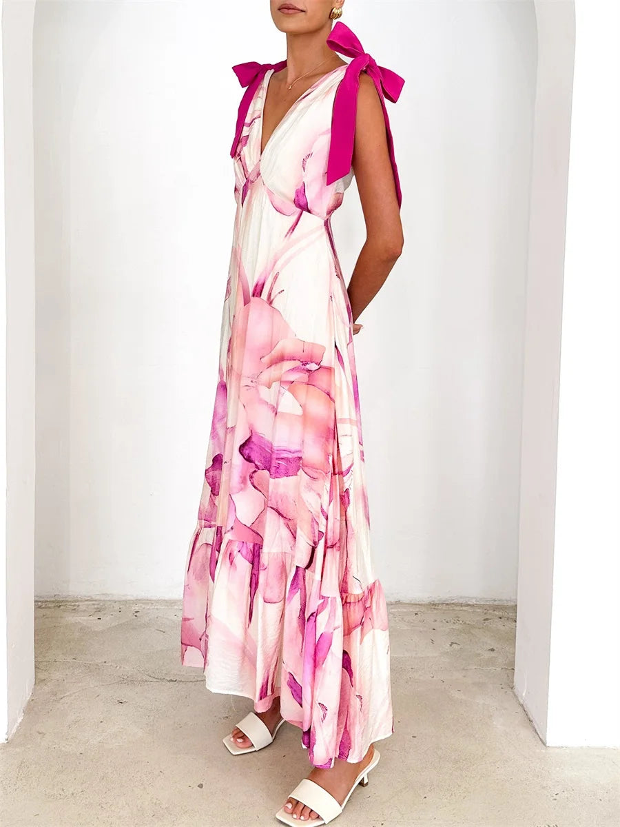 Elegant Floral Print Sleeveless V Neck Maxi Dress with Open Back and Spaghetti Straps