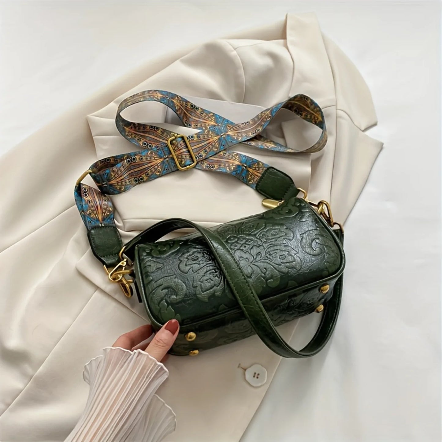Retro Flower Embossed Crossbody Bag,