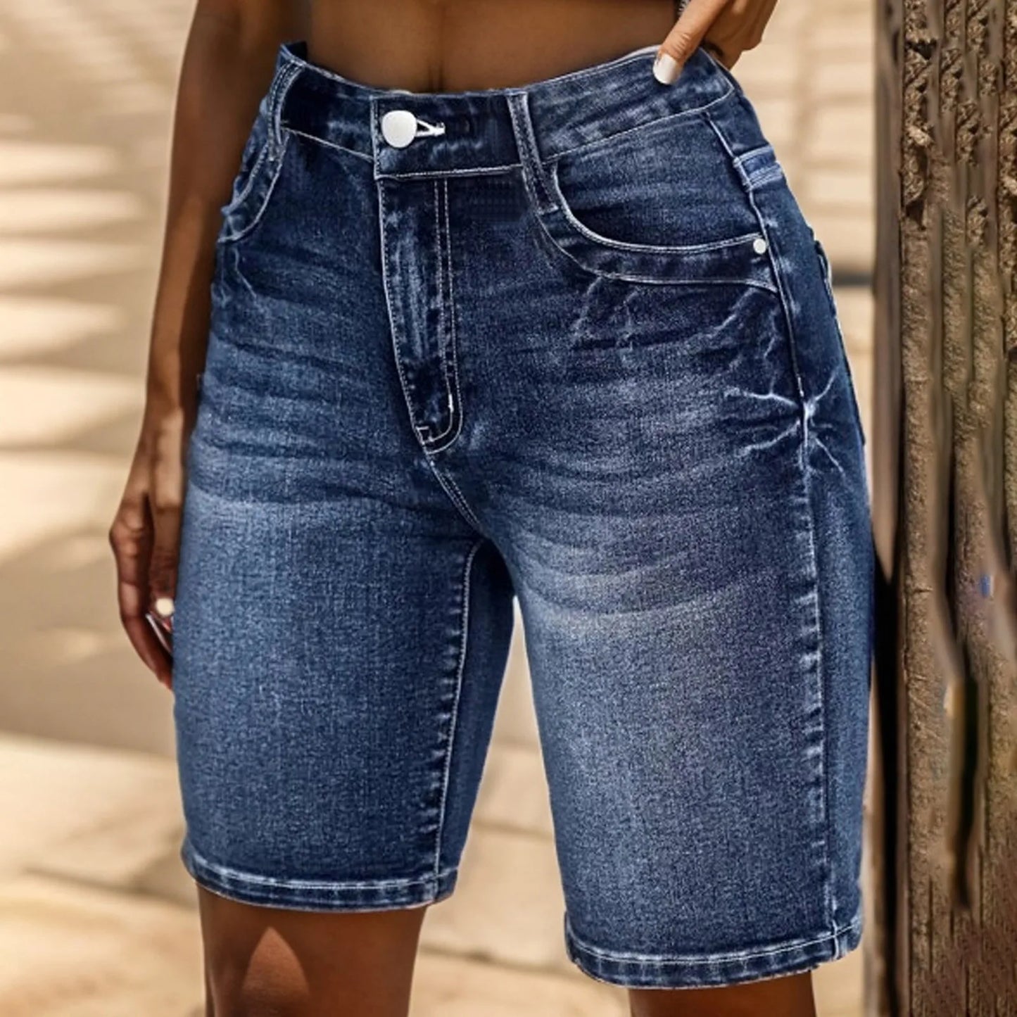 Blue Slim Fit Bermuda Denim Shorts,