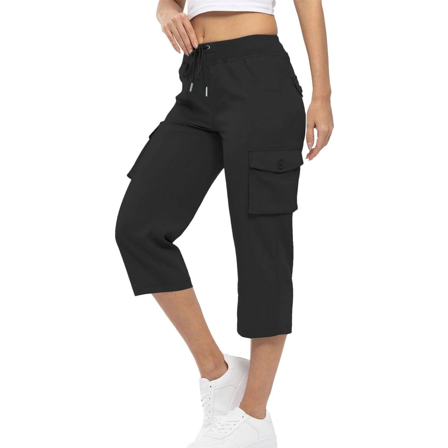 Women Cargo Capris Hiking Pants High Waisted Drawstring