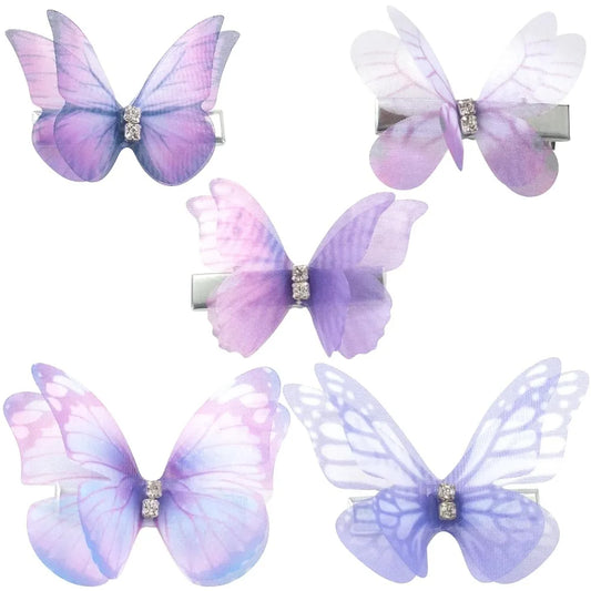 Five Pack Butterfly Hair Clips Non-Slip Organza Gradient Rhinestones
