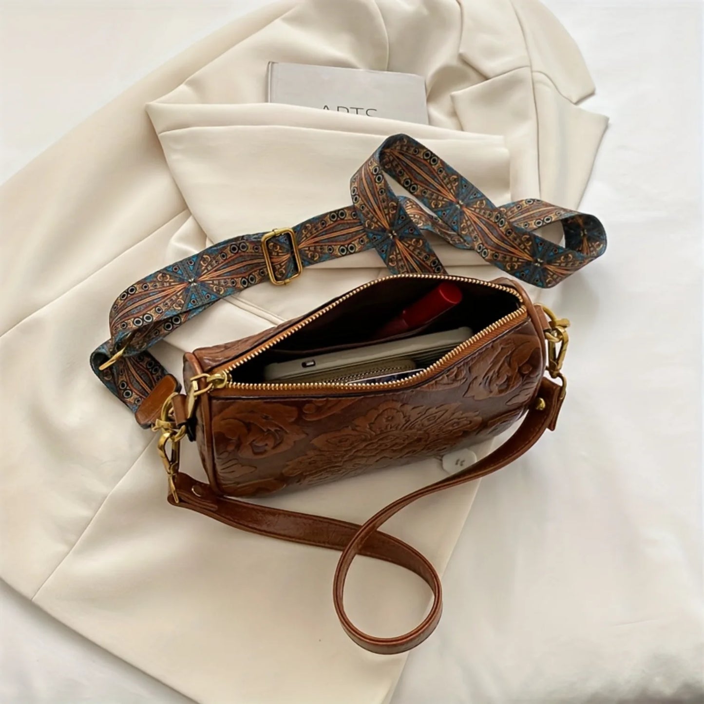 Retro Flower Embossed Crossbody Bag,