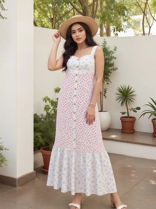 Women V-Neck Maxi Dress Sleeveless Floral Print Summer Dress with Ruffle Hem