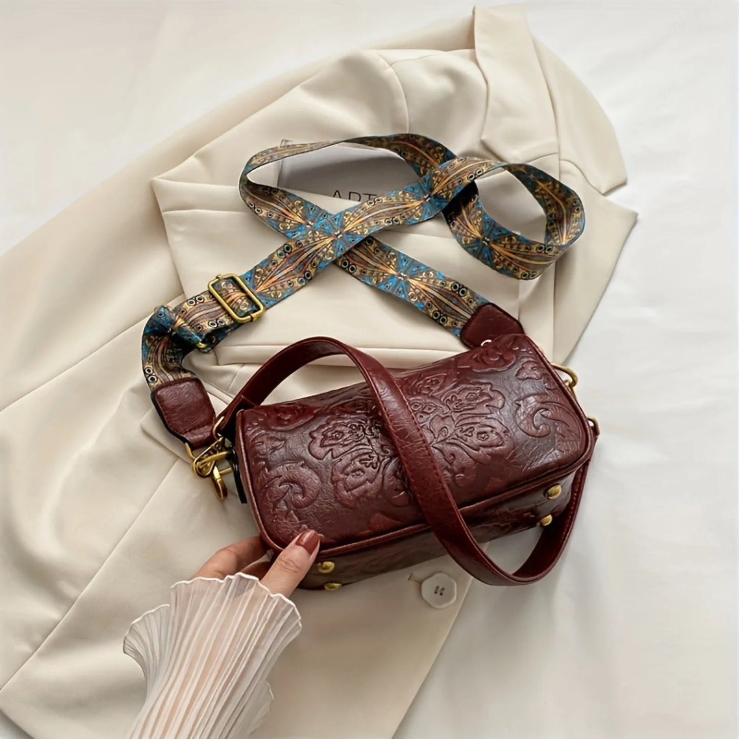 Retro Flower Embossed Crossbody Bag,
