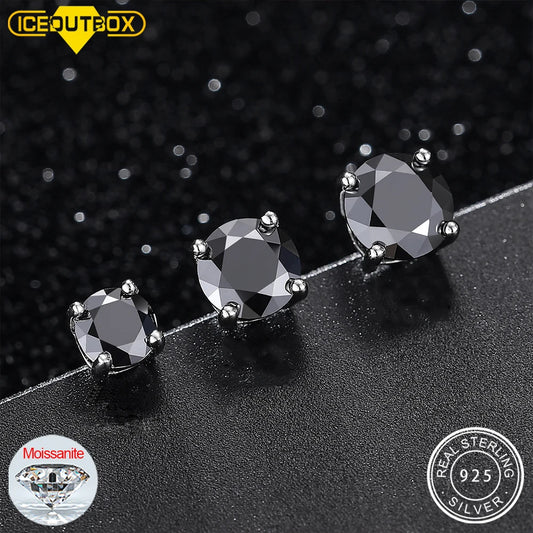 Real 0.5-2 Carat Black Moissanite Stud Earrings