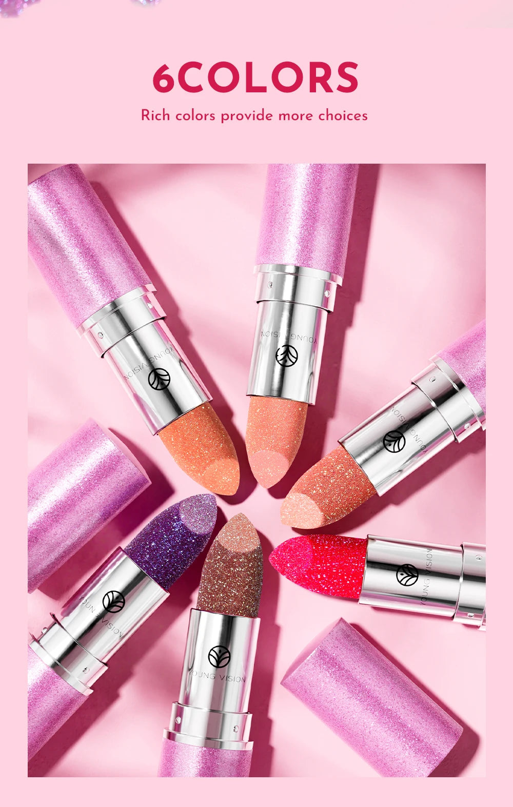 YOUNG VISION 6 pearlized shimmer lipsticks and eyeshadows