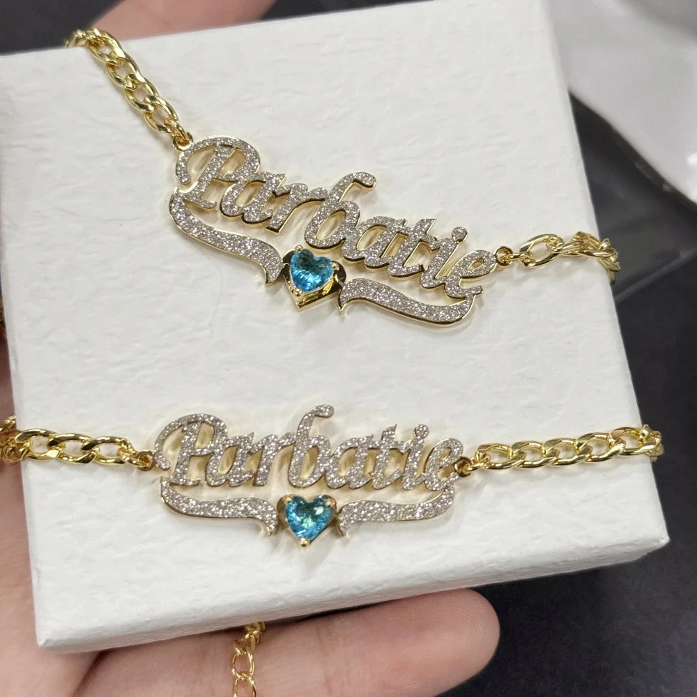 Custom Name Dangle Earrings Nameplate Bracelet Blue Birthstone Necklace Set Jewelry
