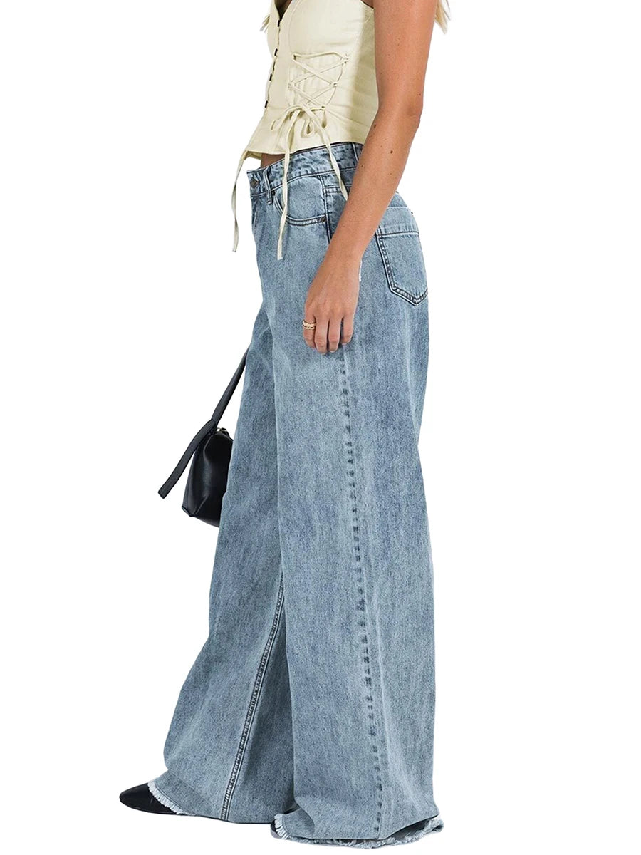 Women Wide Leg Jeans Loose Fit Trousers Casual Soft