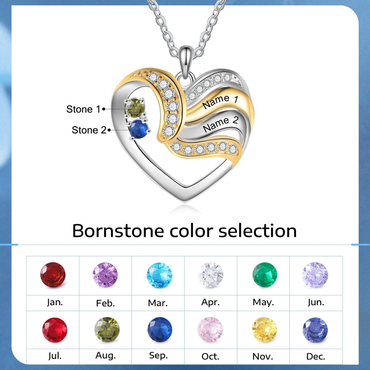 Personalized Love Heart Pendants Necklace 1-5 Kids Names
