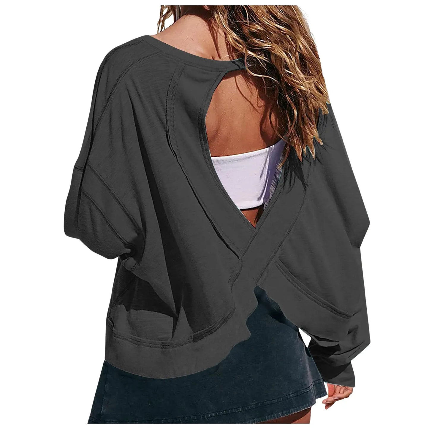 Spring New Solid Color Loose Sweatshirts Fit V Neck Open Back
