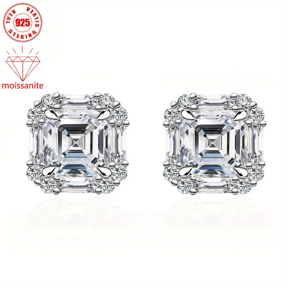 S925 Sterling silver Moissanite earrings, 1 carat square design,