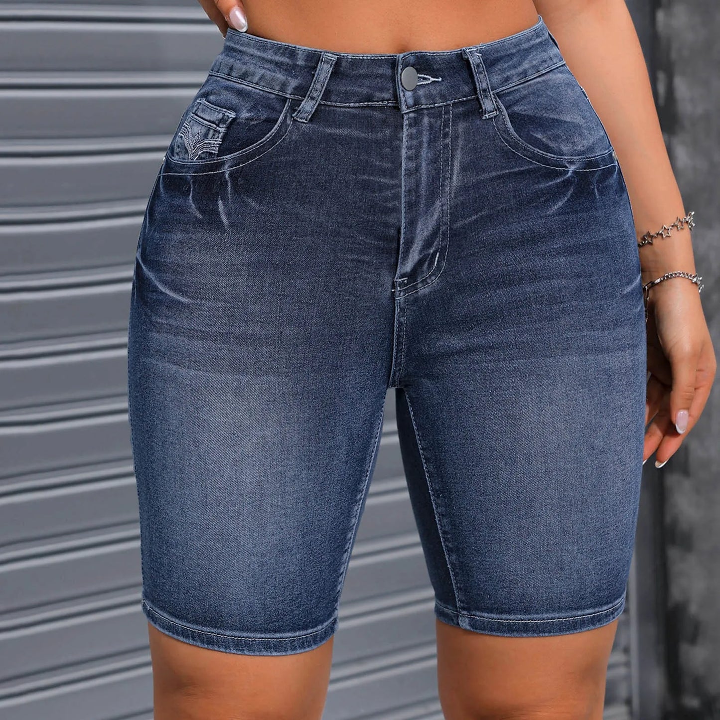 Blue Slim Fit Bermuda Denim Shorts,