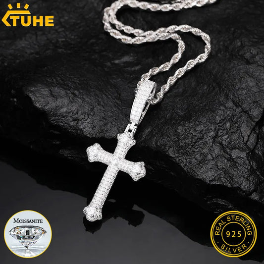Unisex S925 Cross Pendant Necklace Iced Out Moissanite Gold Silver Color Charm