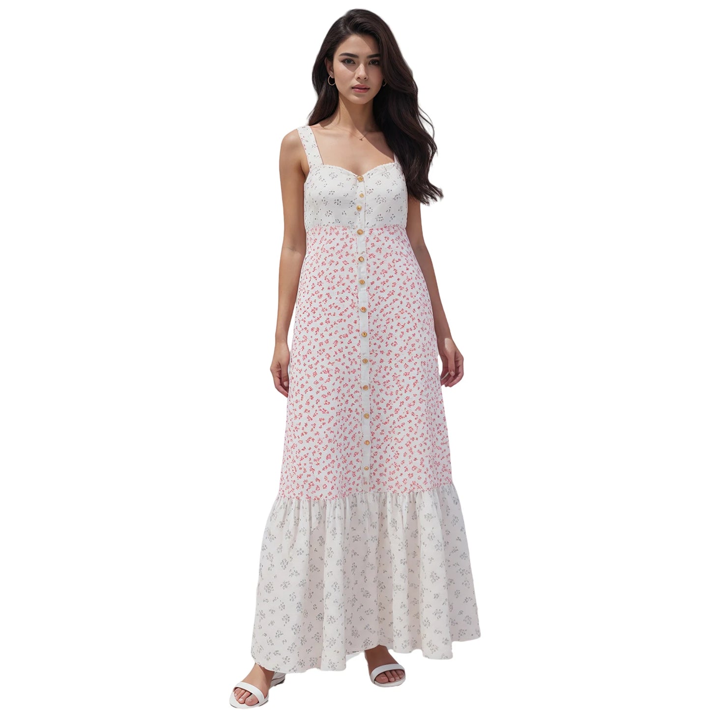 Women V-Neck Maxi Dress Sleeveless Floral Print Summer Dress with Ruffle Hem