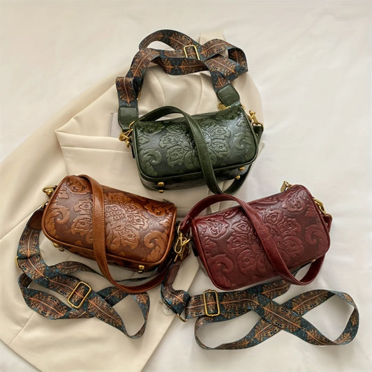 Retro Flower Embossed Crossbody Bag,