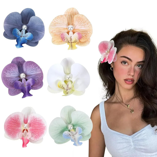 Hawaiian Tropical Orchid Flower Hair Clips Set 6 Pcs For All Hair Types