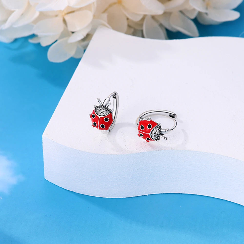 925 Sterling Silver Geometric Colored Striped Ladybug Green Snake Hoop Earrings