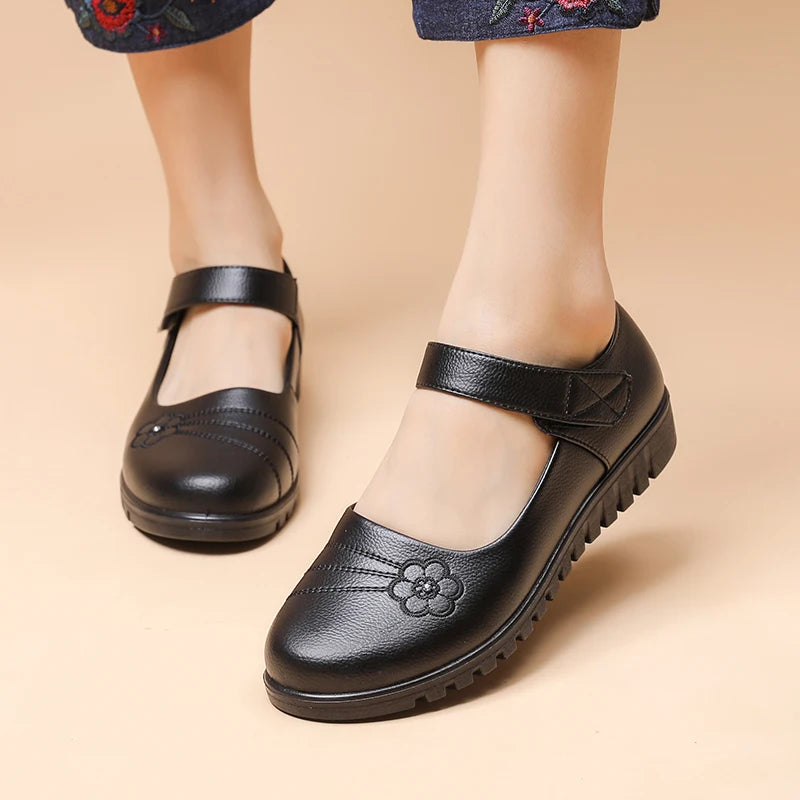 Floral Embroidered Women's Work Flats With Adjustable Strap