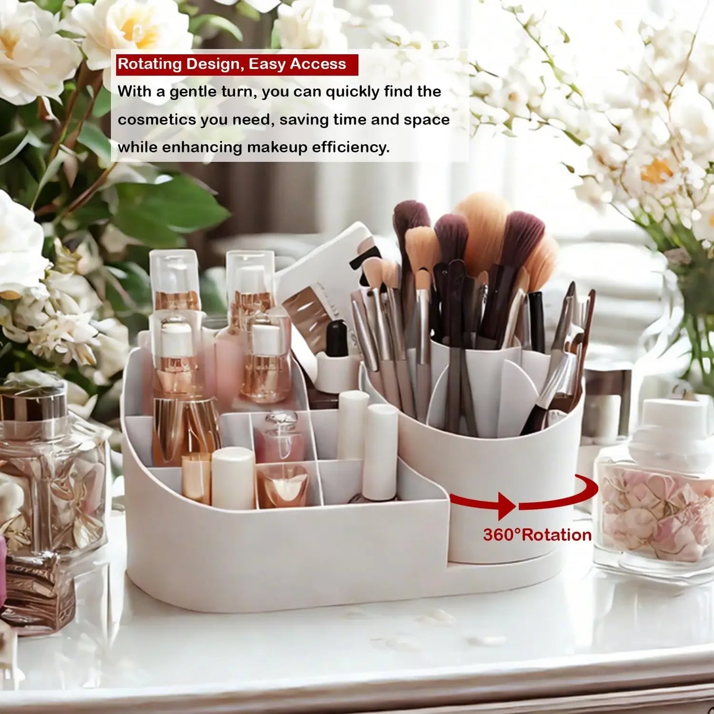 TLXT Makeup Organizer Countertop With Rotating Brush Holder